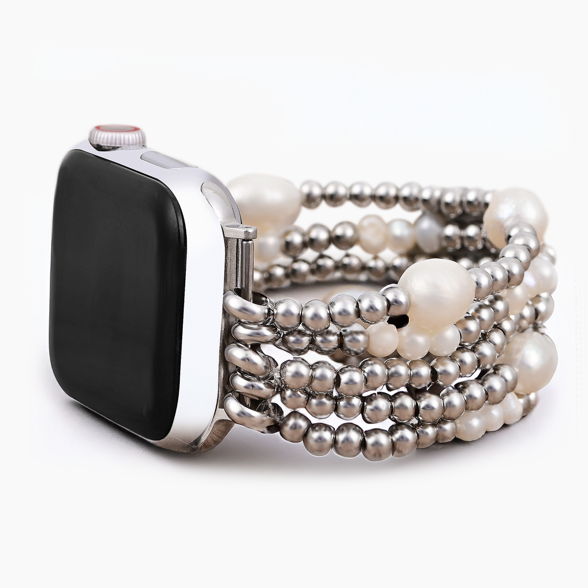 Perlen- und silberfarbener Stretch-Apple Watch-Armband