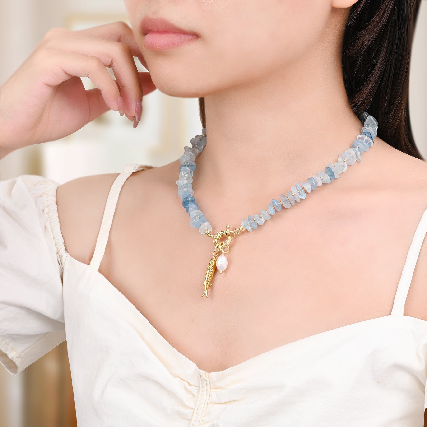 Aquamarin Perlenanhänger Halskette