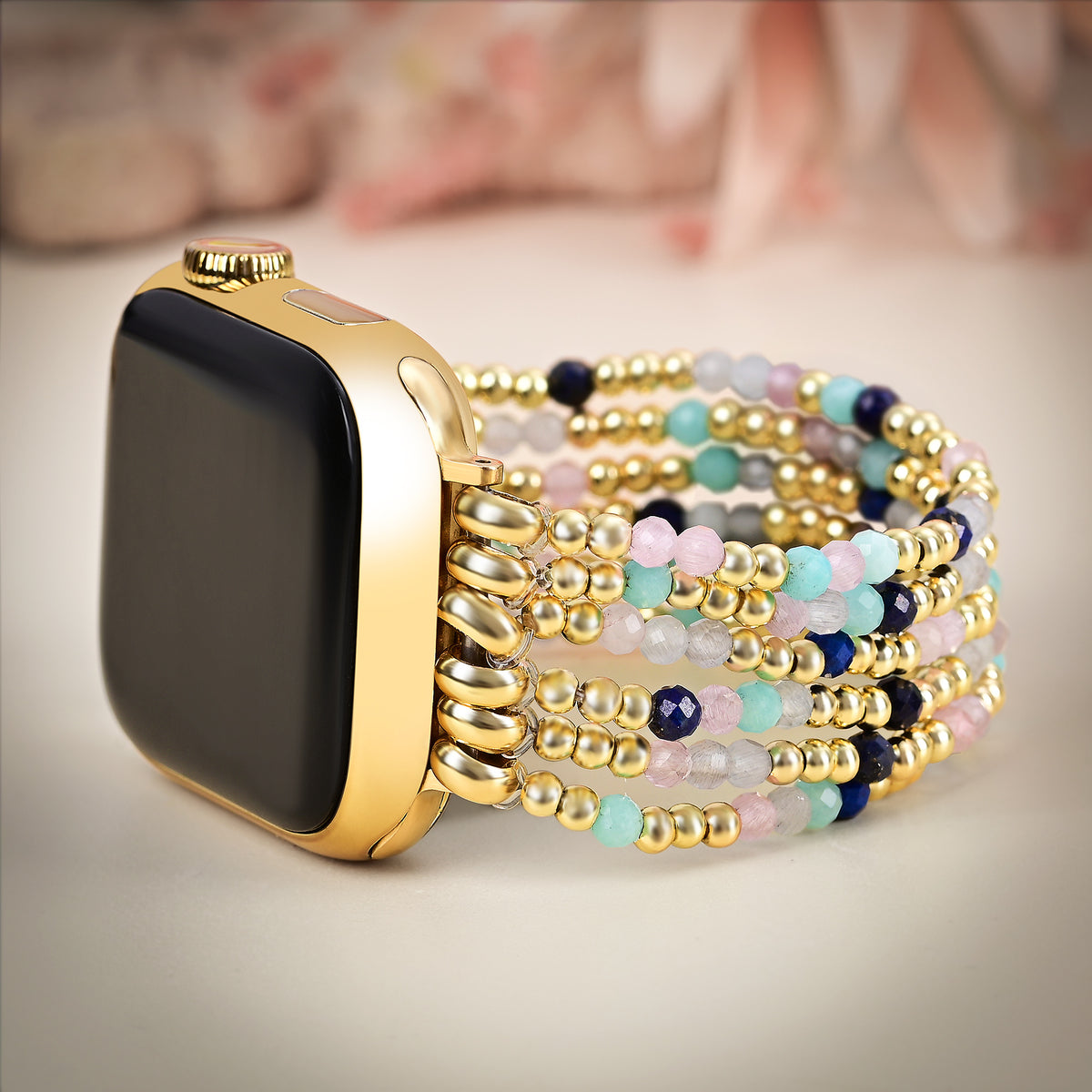 Stretch-Armband Apple Watch in Gold und Perlen