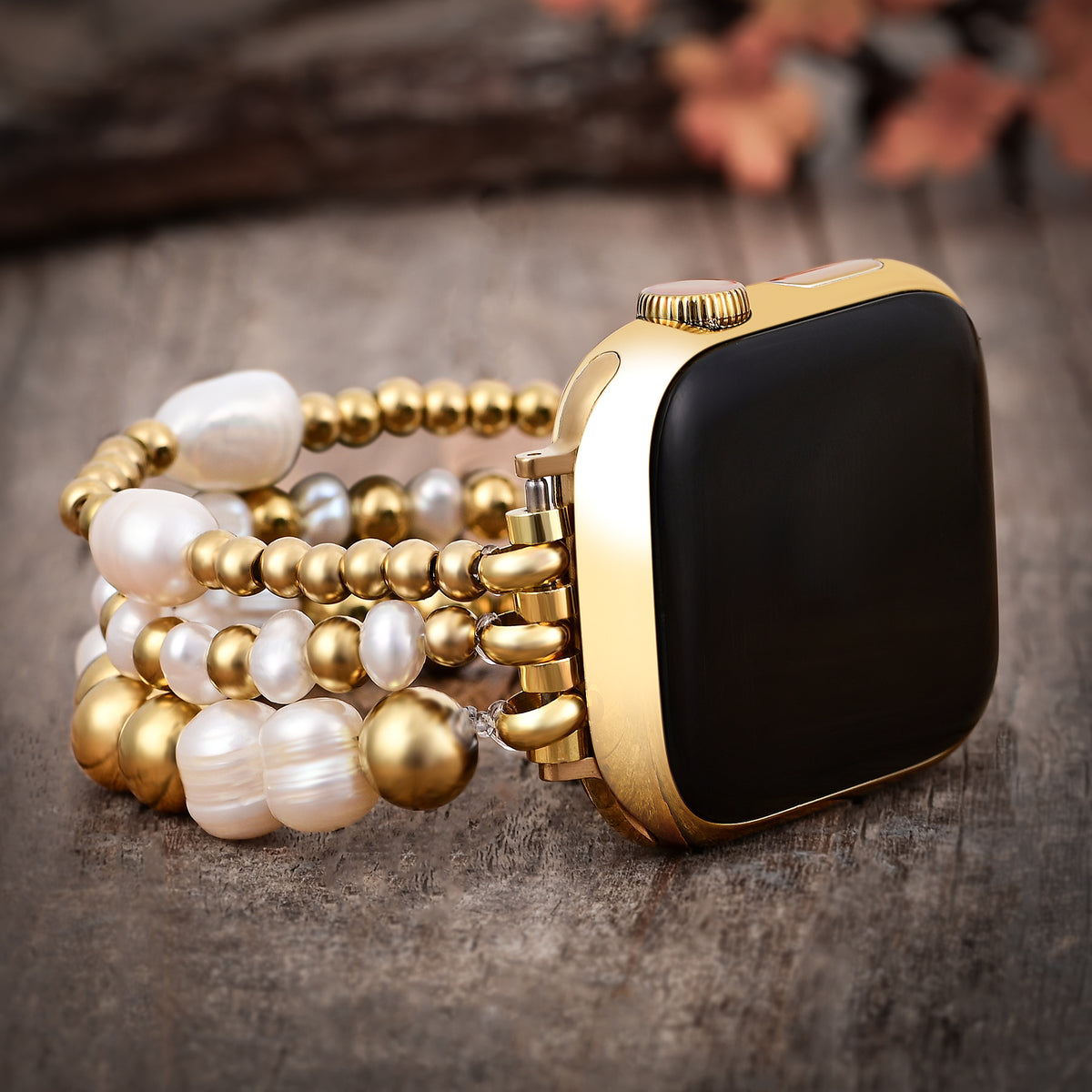 Stretch-Armband Apple Watch in Gold und Perlen