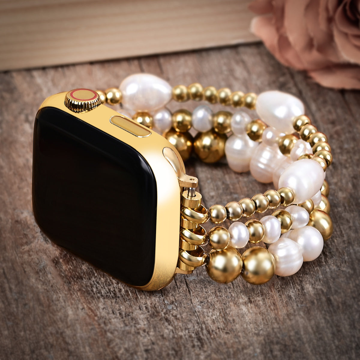 Stretch-Armband Apple Watch in Gold und Perlen