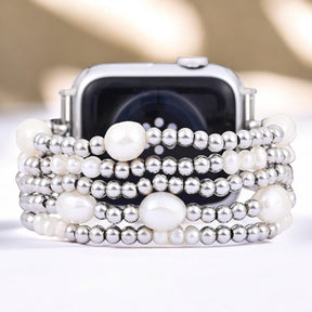 Perlen- und silberfarbener Stretch-Apple Watch-Armband