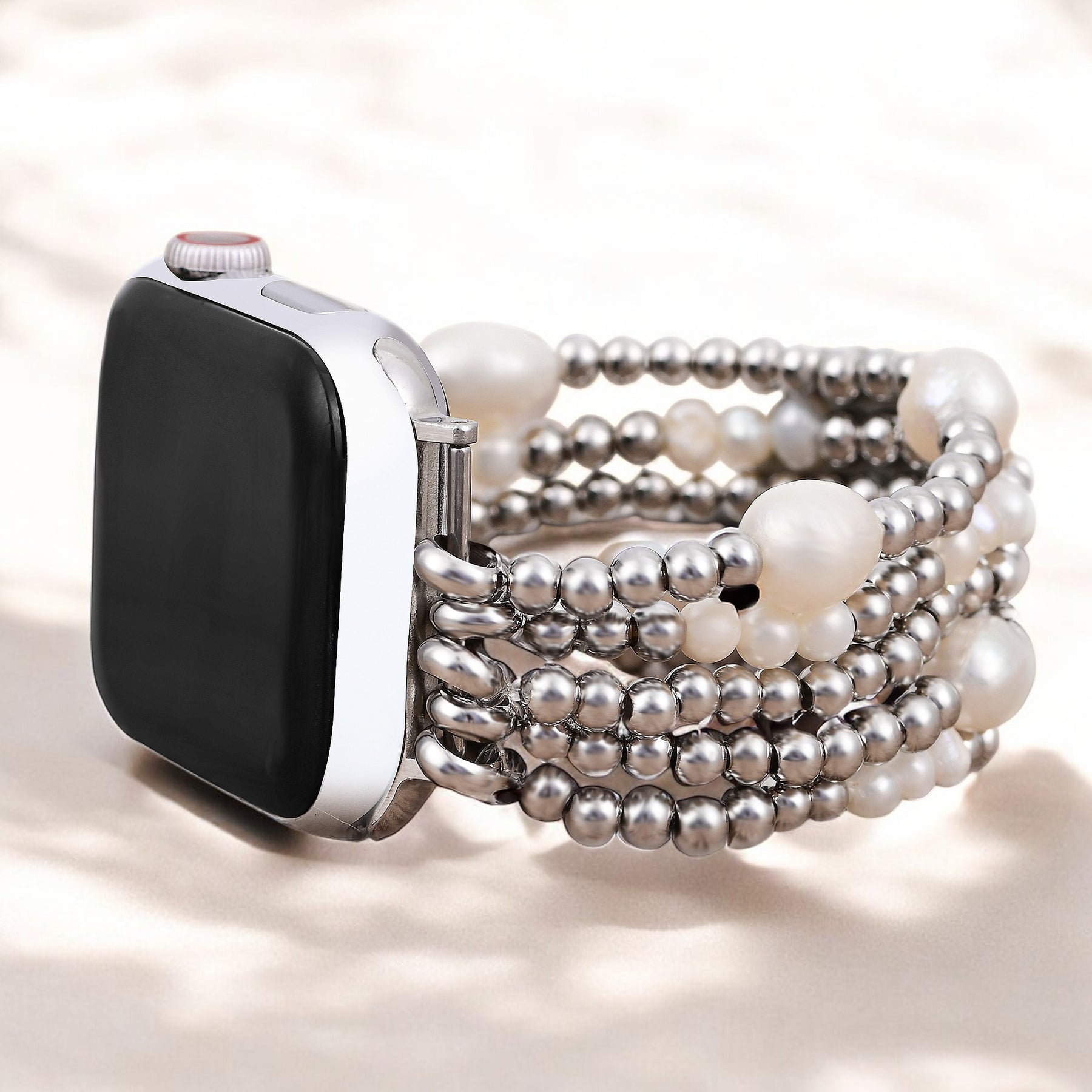 Perlen- und silberfarbener Stretch-Apple Watch-Armband