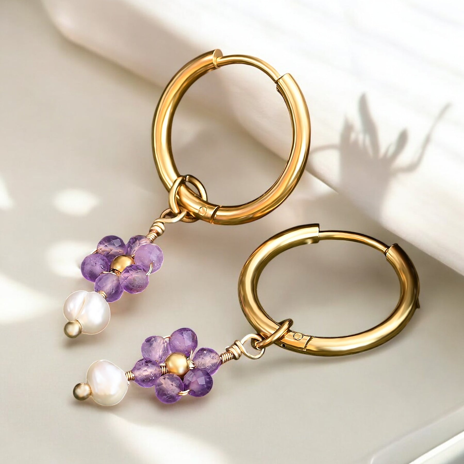 Amethyst Blüten Perlen Creolen Ohrringe
