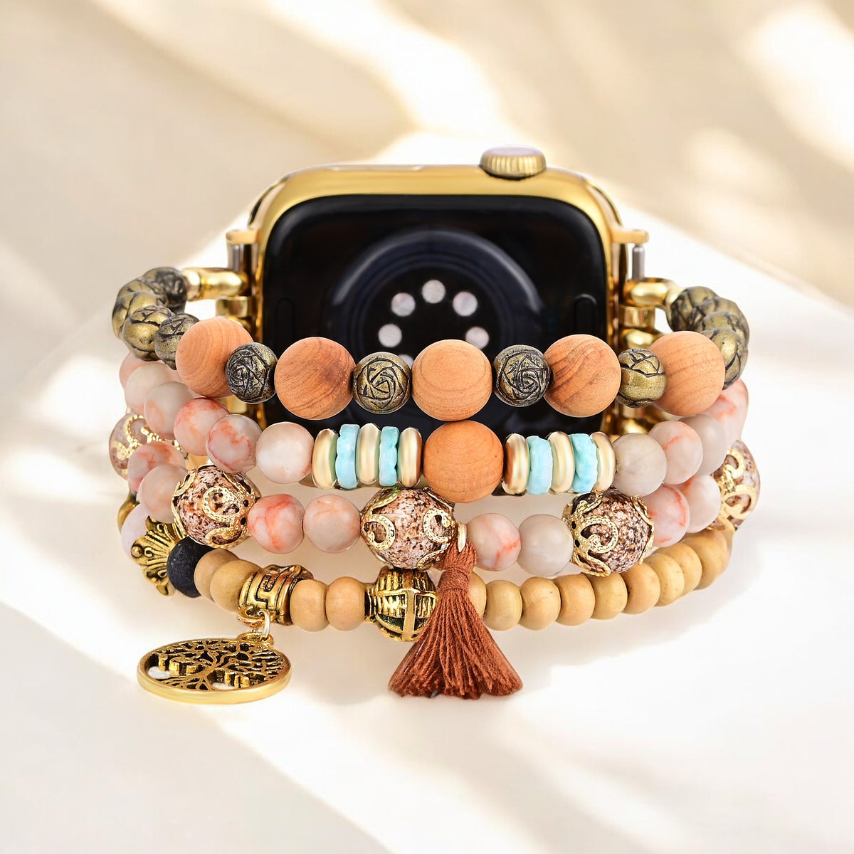 Goldenes, dehnbares Uhrenarmband aus Jaspis mit Lebensbaum