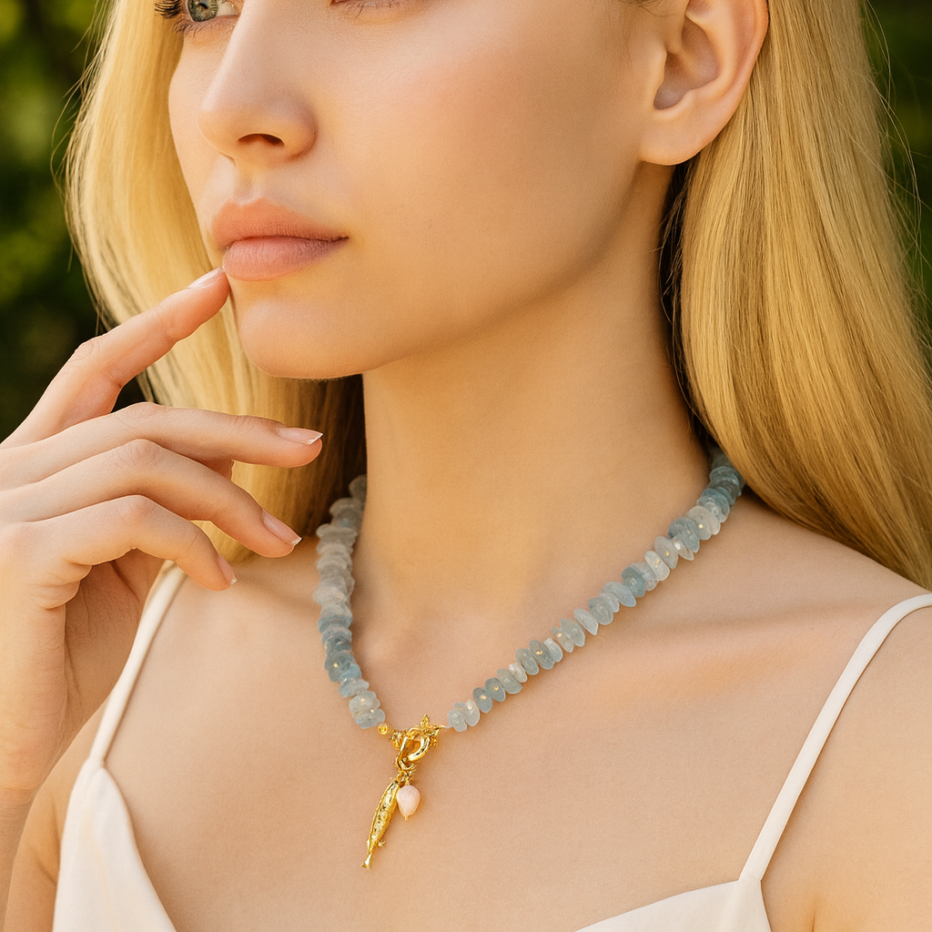 Aquamarin Perlenanhänger Halskette