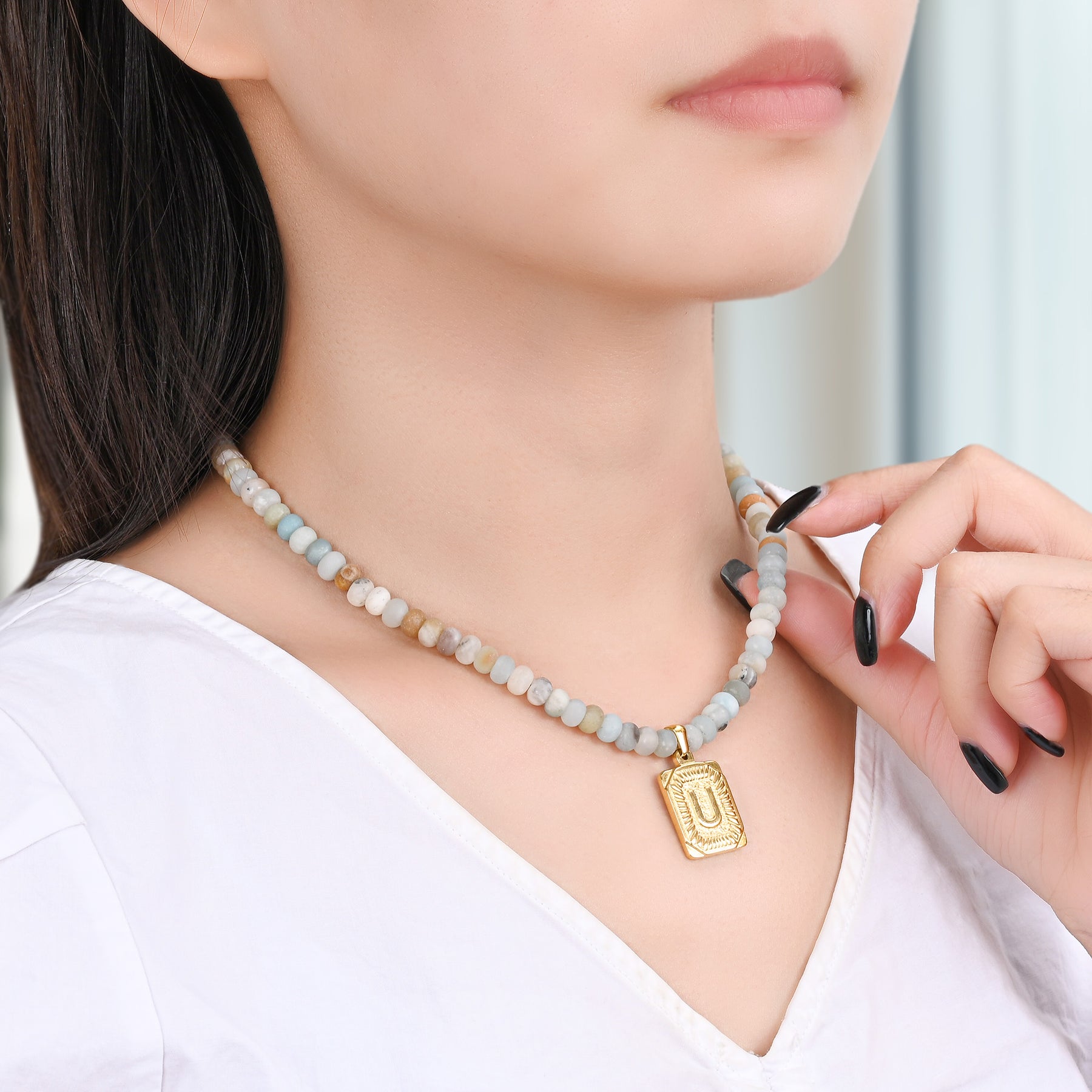 Amazonit Anfangsbuchstabe Charm Halskette