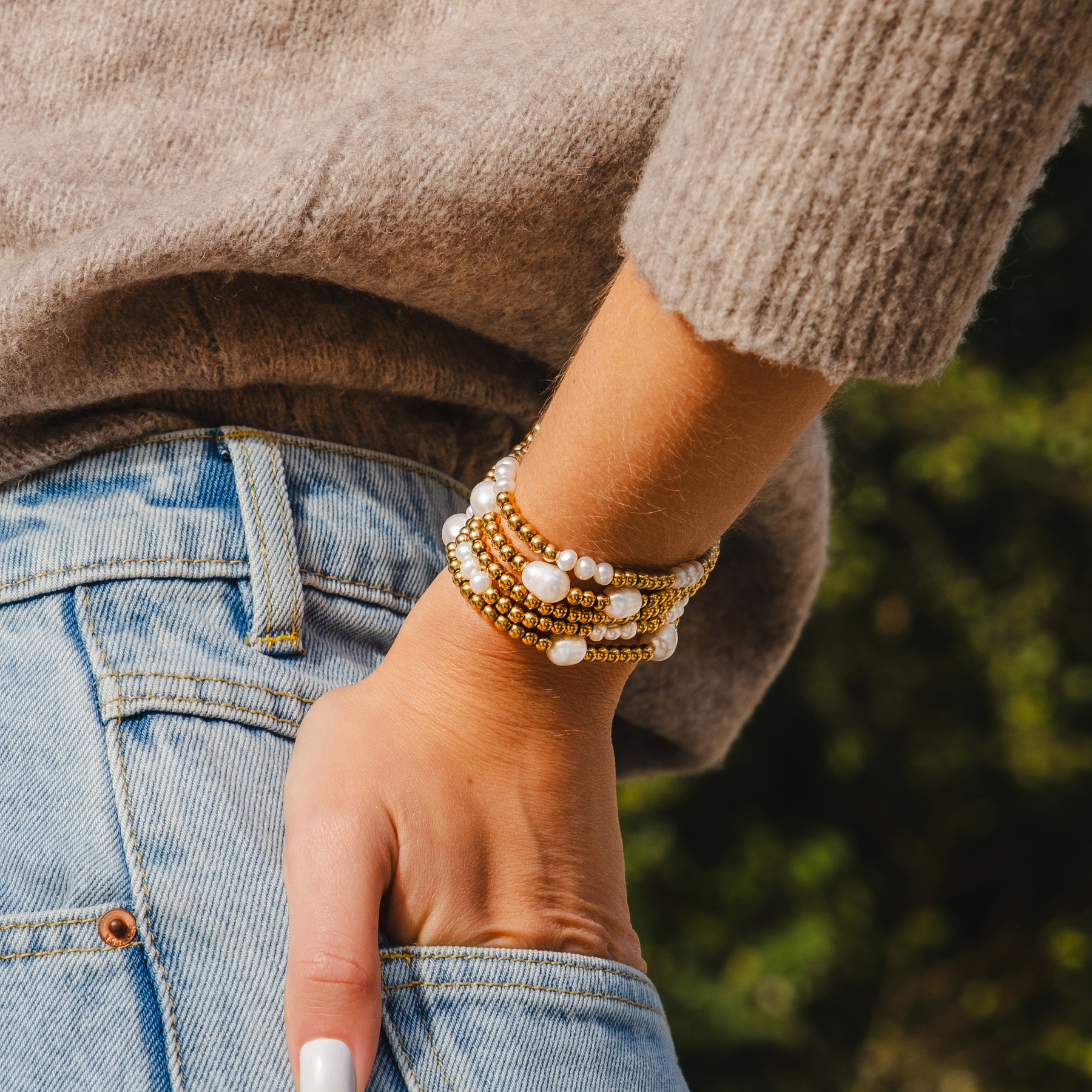 Goldenes Süßwasserperlen-Armband-Set