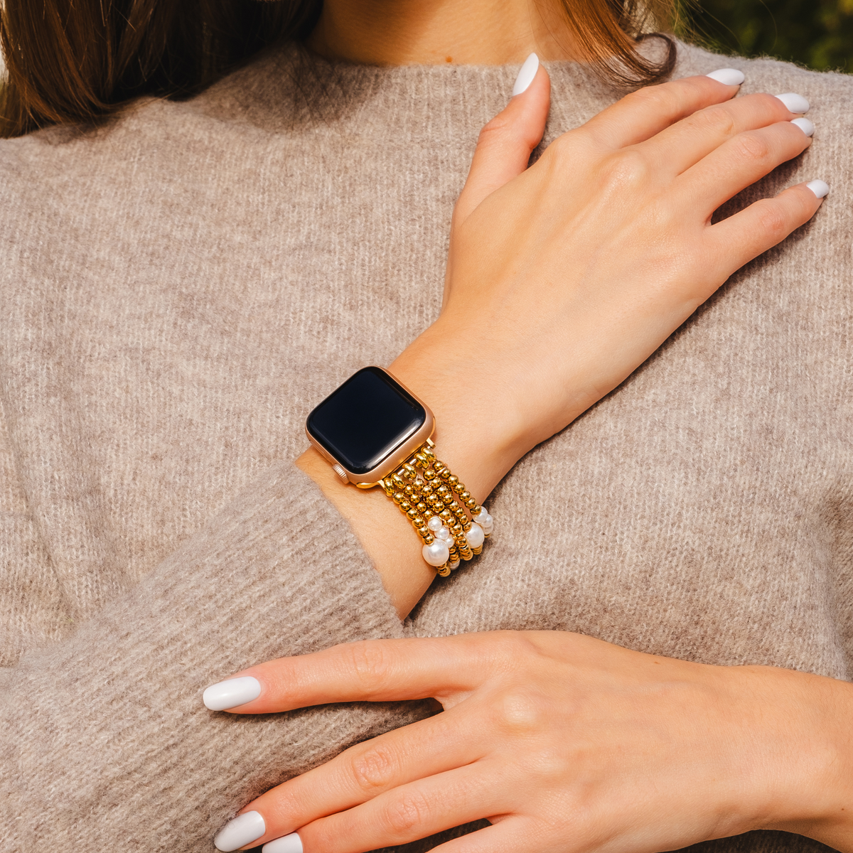 Gold- und Perlen-Stretch-Apple Watch-Armband