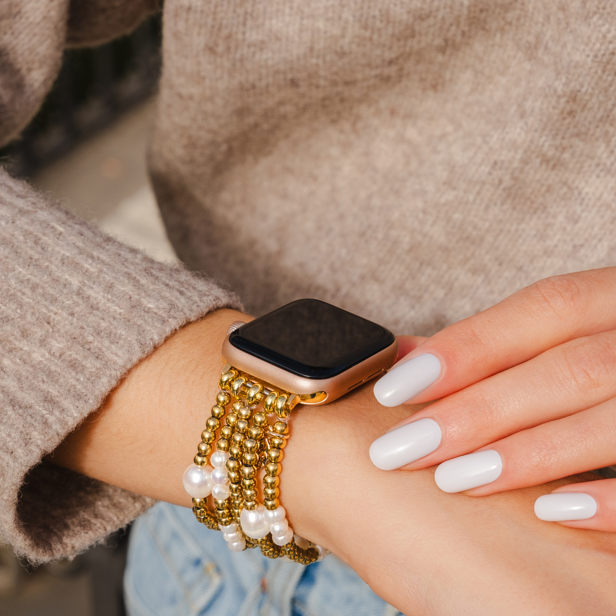 Stretch-Armband Apple Watch in Gold und Perlen