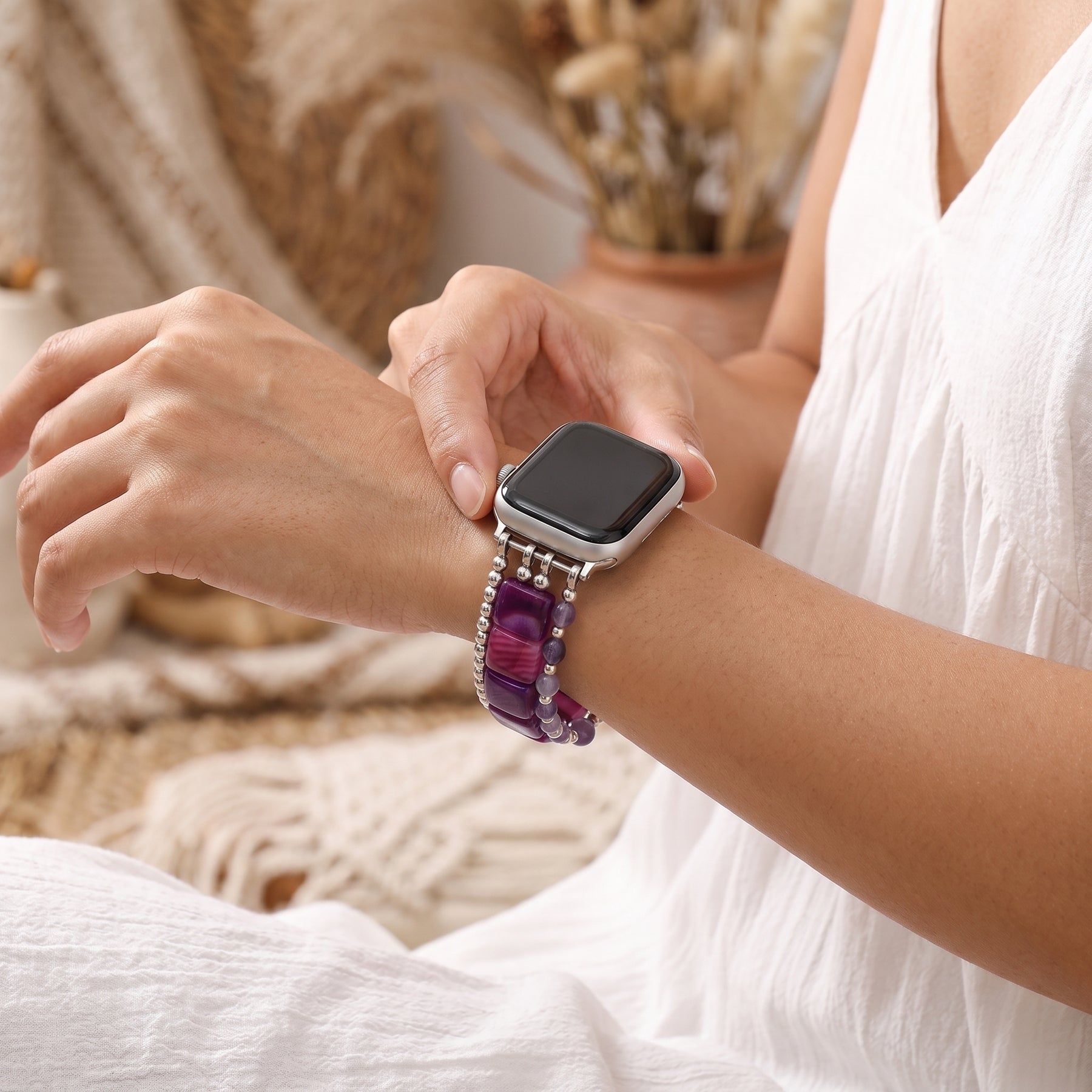Desert Flame Karneol-Armband für Apple Watch, elastisch, Silber