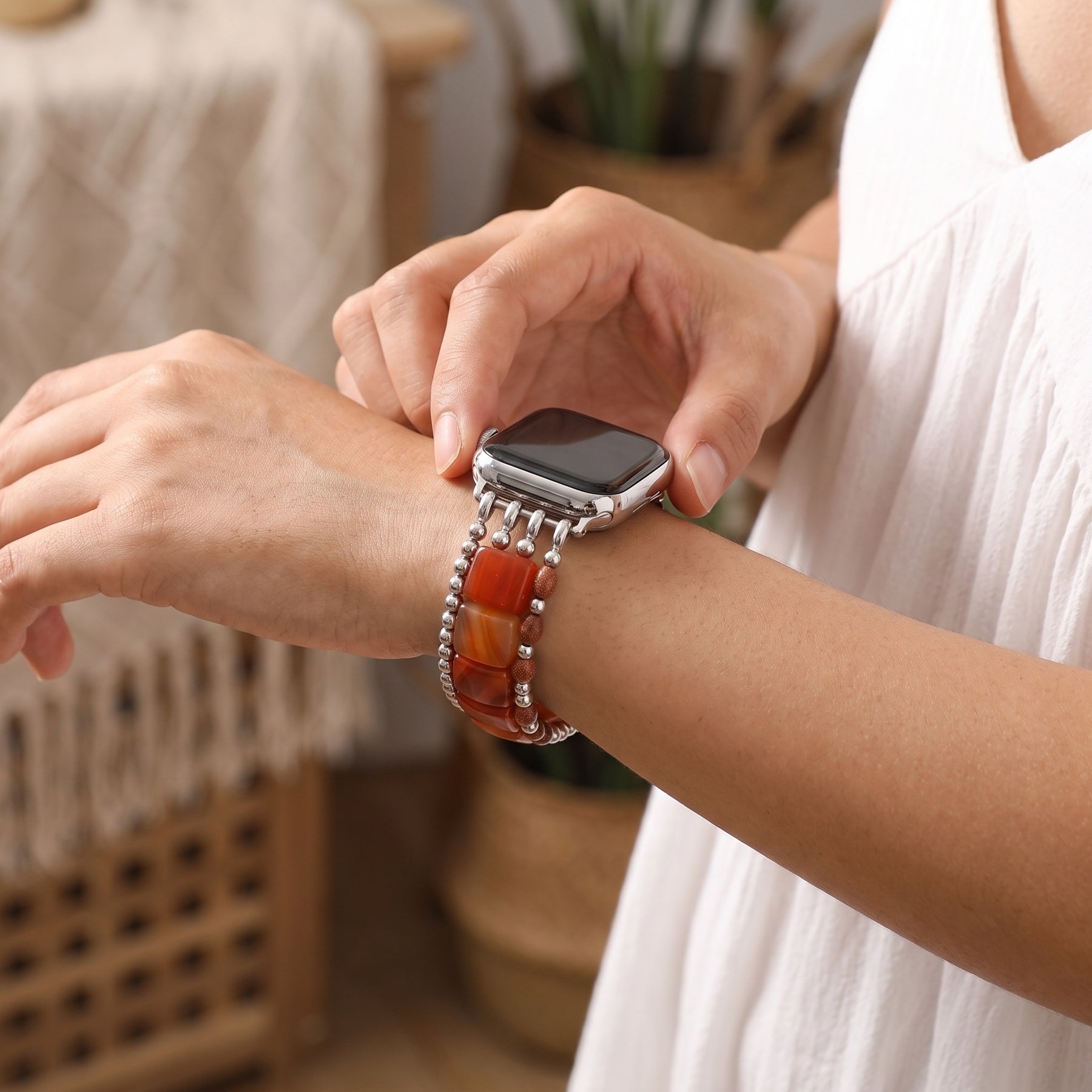 Desert Flame Karneol-Armband für Apple Watch, elastisch, Silber